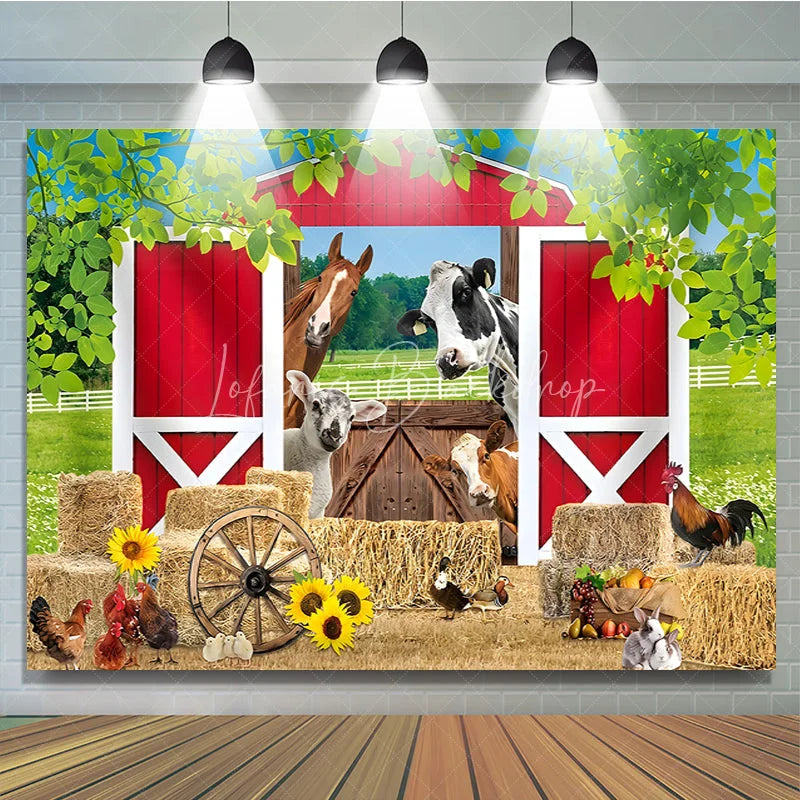 Lofaris Vibrant Red Barn Farm Animals Birthday Backdrop featuring Hay Bales Sunflowers and Rustic Wagon Wheel