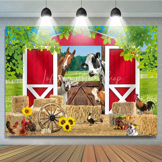 Lofaris Vibrant Red Barn Farm Animals Birthday Backdrop featuring Hay Bales Sunflowers and Rustic Wagon Wheel