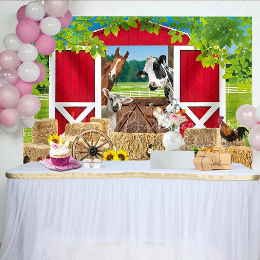 Lofaris Vibrant Red Barn Farm Animals Birthday Backdrop featuring Hay Bales Sunflowers and Rustic Wagon Wheel