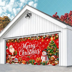 Lofaris Vibrant Red Merry Christmas Garage Door Banner with Santa Claus Snowman and Tree Holiday Decor