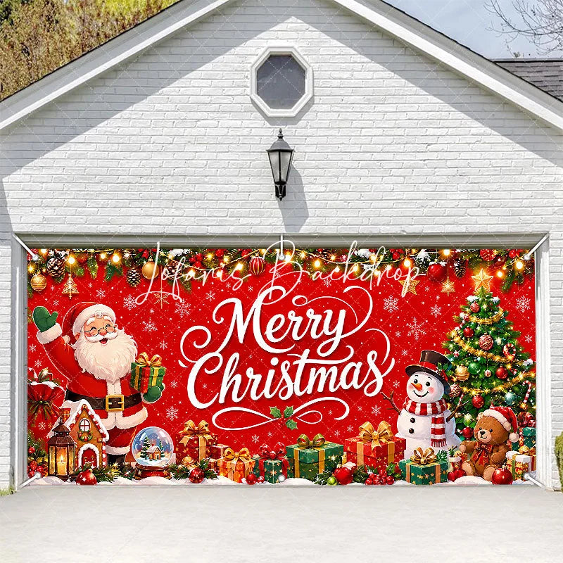 Lofaris Vibrant Red Merry Christmas Garage Door Banner with Santa Claus Snowman and Tree Holiday Decor