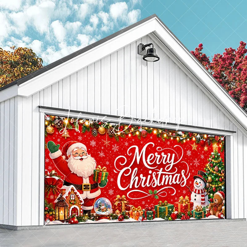 Lofaris Vibrant Red Merry Christmas Garage Door Banner with Santa Claus Snowman and Tree Holiday Decor