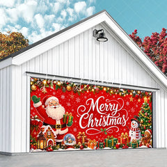 Lofaris Vibrant Red Merry Christmas Garage Door Banner with Santa Claus Snowman and Tree Holiday Decor