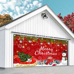 Lofaris Vibrant Red Merry Christmas Garage Door Banner with Snowman Sleigh and Festive Ornaments Holiday Decor