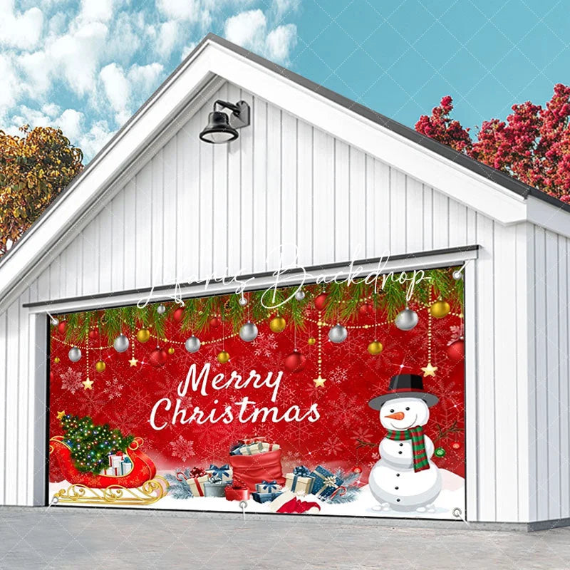 Lofaris Vibrant Red Merry Christmas Garage Door Banner with Snowman Sleigh and Festive Ornaments Holiday Decor
