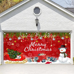 Lofaris Vibrant Red Merry Christmas Garage Door Banner with Snowman Sleigh and Festive Ornaments Holiday Decor