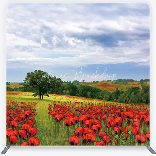 Lofaris Vibrant Red Poppy Field with a Lone Tree Square Double-Sided Backdrop Scenic Nature Landscape Photography