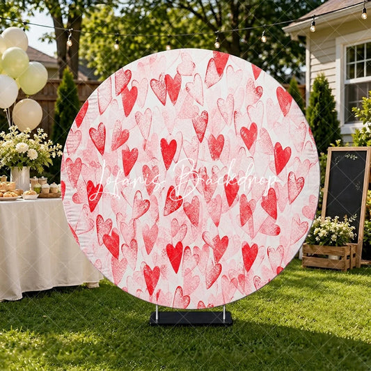 Lofaris Vibrant Red Watercolor Hearts Pattern Round Backdrop Romantic Love Theme for Valentine’s Day Celebration
