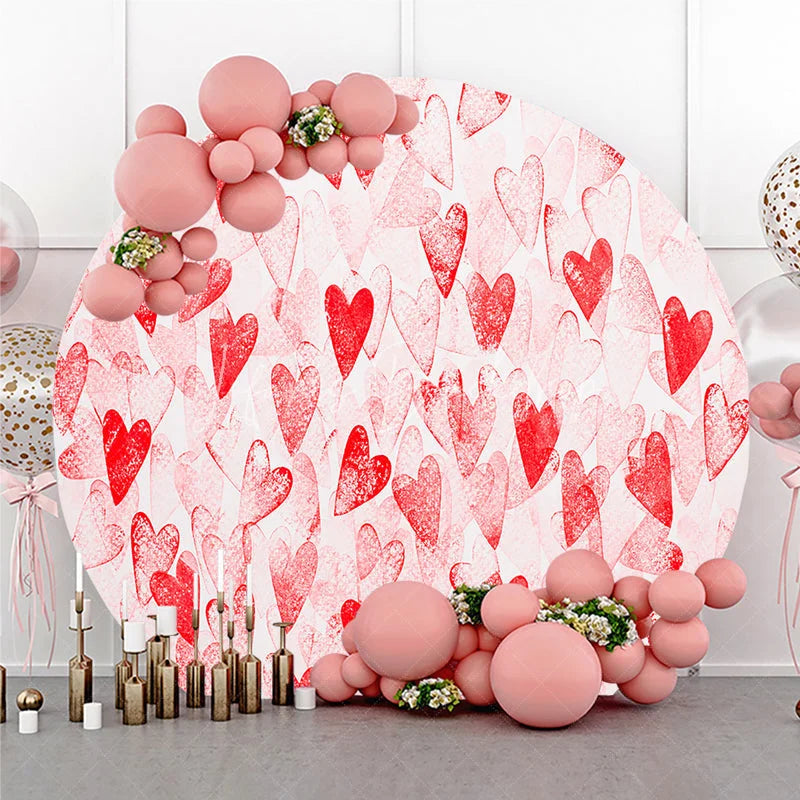 Lofaris Vibrant Red Watercolor Hearts Pattern Round Backdrop Romantic Love Theme for Valentine’s Day Celebration