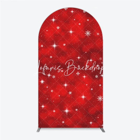 Lofaris Vibrant Red Winter Wonderland Round Top Arch Backdrop with Sparkling Snowflakes and Stars Holiday Decor