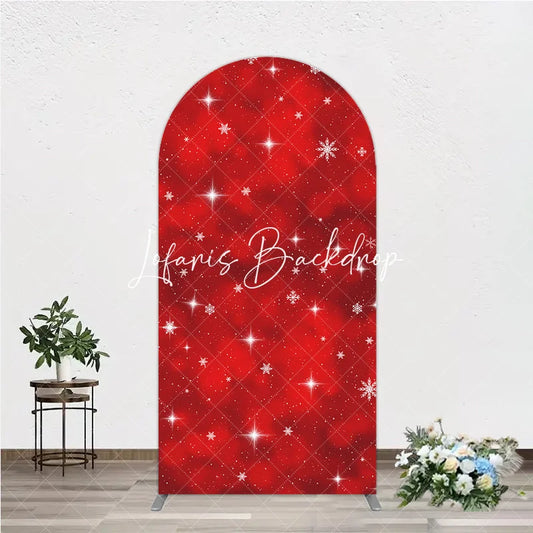 Lofaris Vibrant Red Winter Wonderland Round Top Arch Backdrop with Sparkling Snowflakes and Stars Holiday Decor