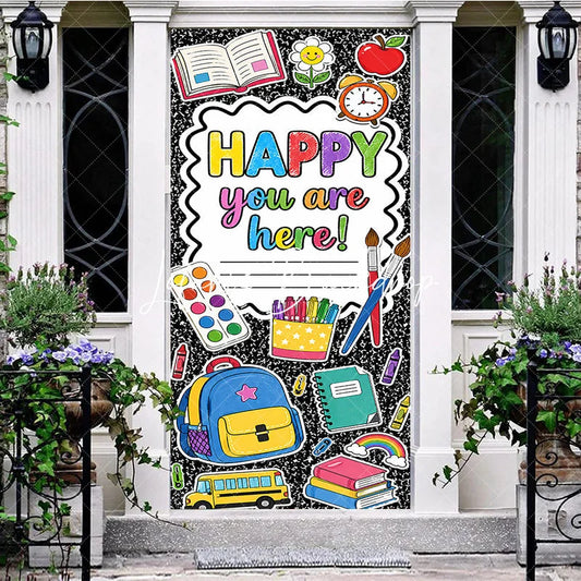 Lofaris Vibrant School Supplies and Happy You Are Here Message Door Cover Classroom Welcome Back to Decor
