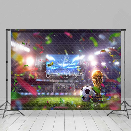 Lofaris Vibrant Soccer Field Backdrop Golden Football Trophy Stadium Lights Victory Celebration Party