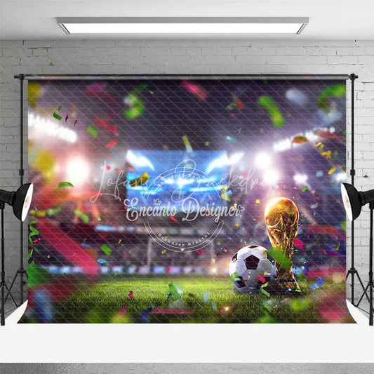 Lofaris Vibrant Soccer Field Backdrop Golden Football Trophy Stadium Lights Victory Celebration Party