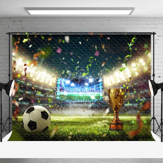 Lofaris Vibrant Soccer Field Backdrop Golden Trophy Confetti Celebration Sports Theme Party Photography