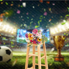 Lofaris Vibrant Soccer Field Backdrop Golden Trophy Confetti Celebration Sports Theme Party Photography