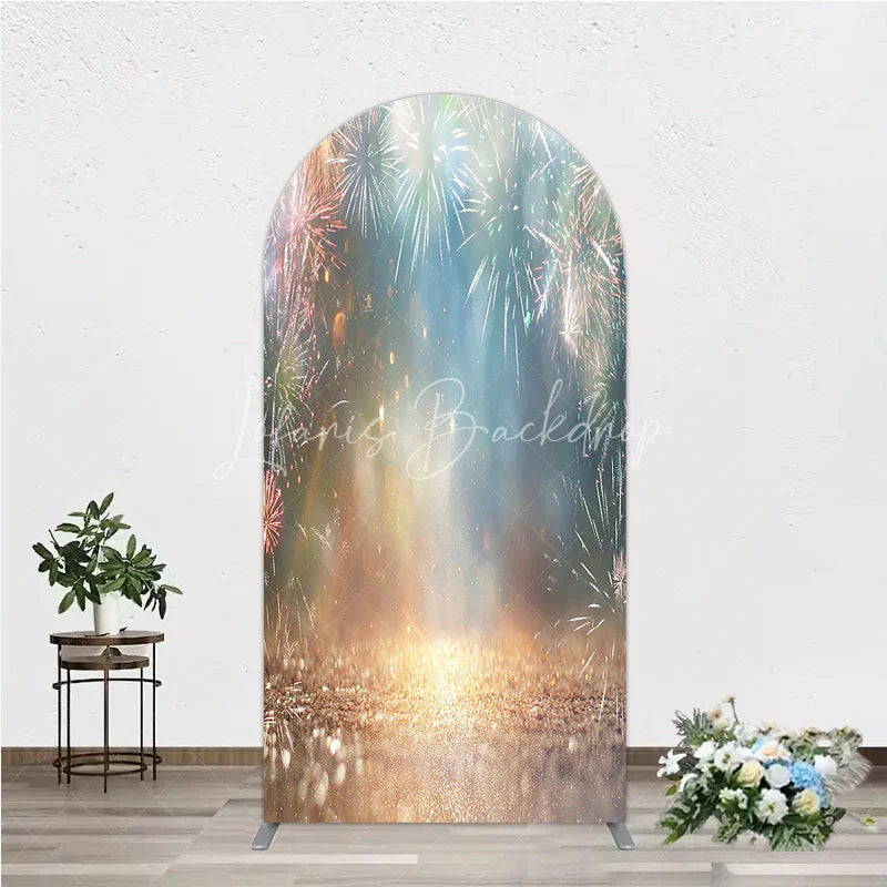 Lofaris Vibrant Sparkling Light Bursts Celebration Round Top Arch Backdrop Golden Glitter Night Sky Party Decor