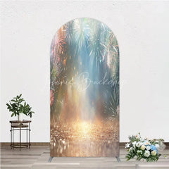 Lofaris Vibrant Sparkling Light Bursts Celebration Round Top Arch Backdrop Golden Glitter Night Sky Party Decor