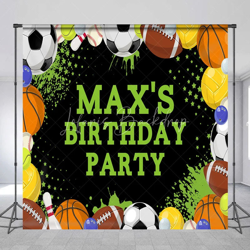 Lofaris Vibrant Sports Theme Custom Birthday Party Backdrop with Assorted Balls and Green Accents