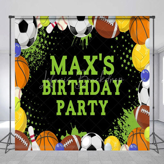 Lofaris Vibrant Sports Theme Custom Birthday Party Backdrop with Assorted Balls and Green Accents