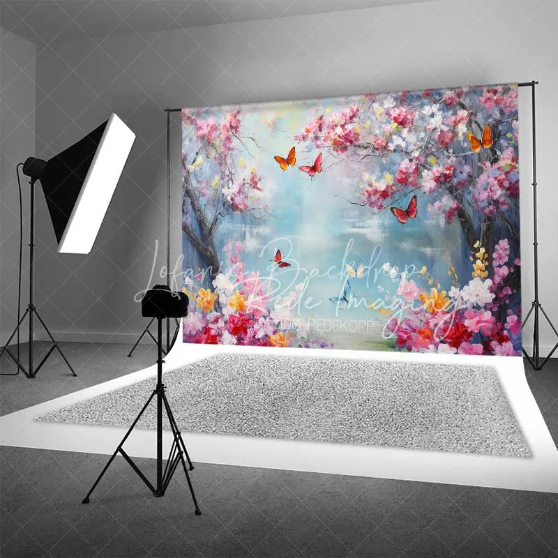 Lofaris Vibrant Spring Cherry Blossom Lake Backdrop Colorful Butterfly Floral Photography Background for Parties