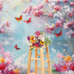 Lofaris Vibrant Spring Cherry Blossom Lake Backdrop Colorful Butterfly Floral Photography Background for Parties