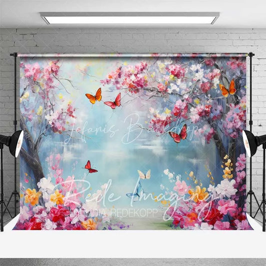 Lofaris Vibrant Spring Cherry Blossom Lake Backdrop Colorful Butterfly Floral Photography Background for Parties