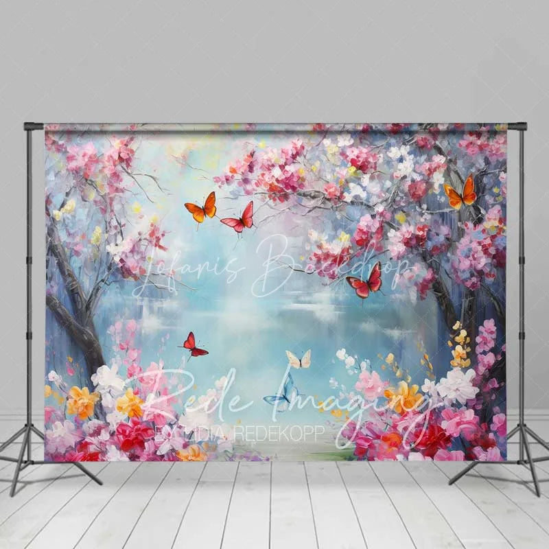 Lofaris Vibrant Spring Cherry Blossom Lake Backdrop Colorful Butterfly Floral Photography Background for Parties