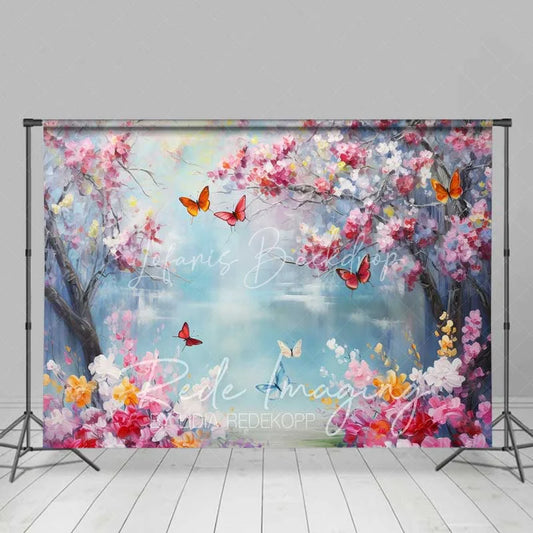 Lofaris Vibrant Spring Cherry Blossom Lake Backdrop Colorful Butterfly Floral Photography Background for Parties