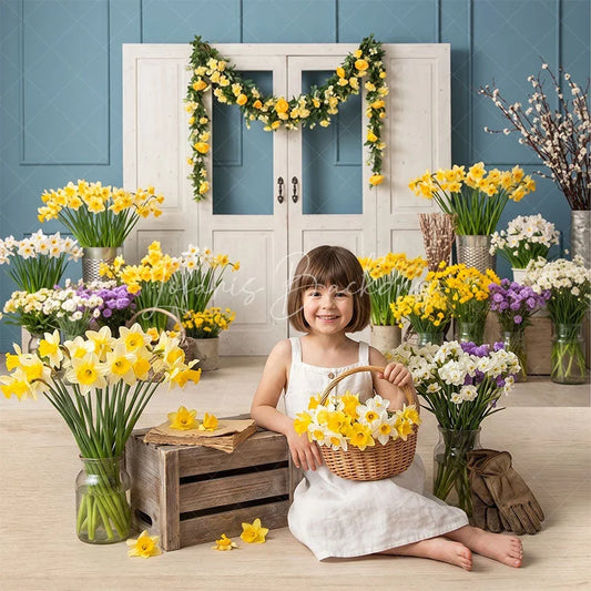 Lofaris Vibrant Spring Floral Combo Set Backdrop Blue Paneled Wall with White Doors Yellow Daffodils and Wooden Floor