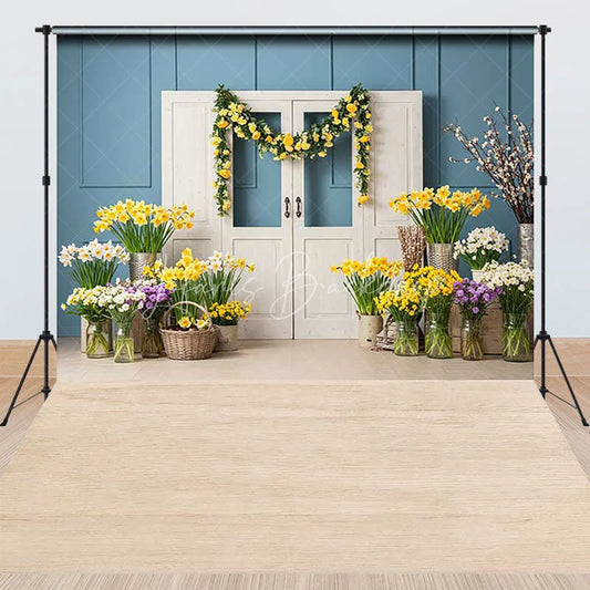 Lofaris Vibrant Spring Floral Combo Set Backdrop Blue Paneled Wall with White Doors Yellow Daffodils and Wooden Floor