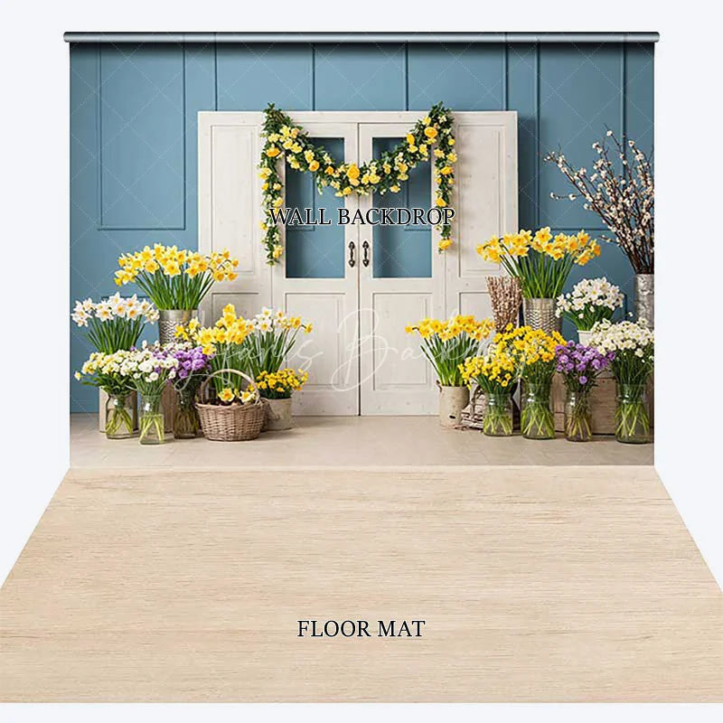Lofaris Vibrant Spring Floral Combo Set Backdrop Blue Paneled Wall with White Doors Yellow Daffodils and Wooden Floor