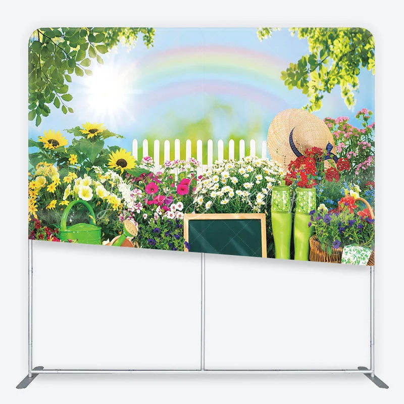 Lofaris Vibrant Spring Garden with Rainbow and Sunflowers Square Double-Sided Backdrop Outdoor Photo Booth Decor