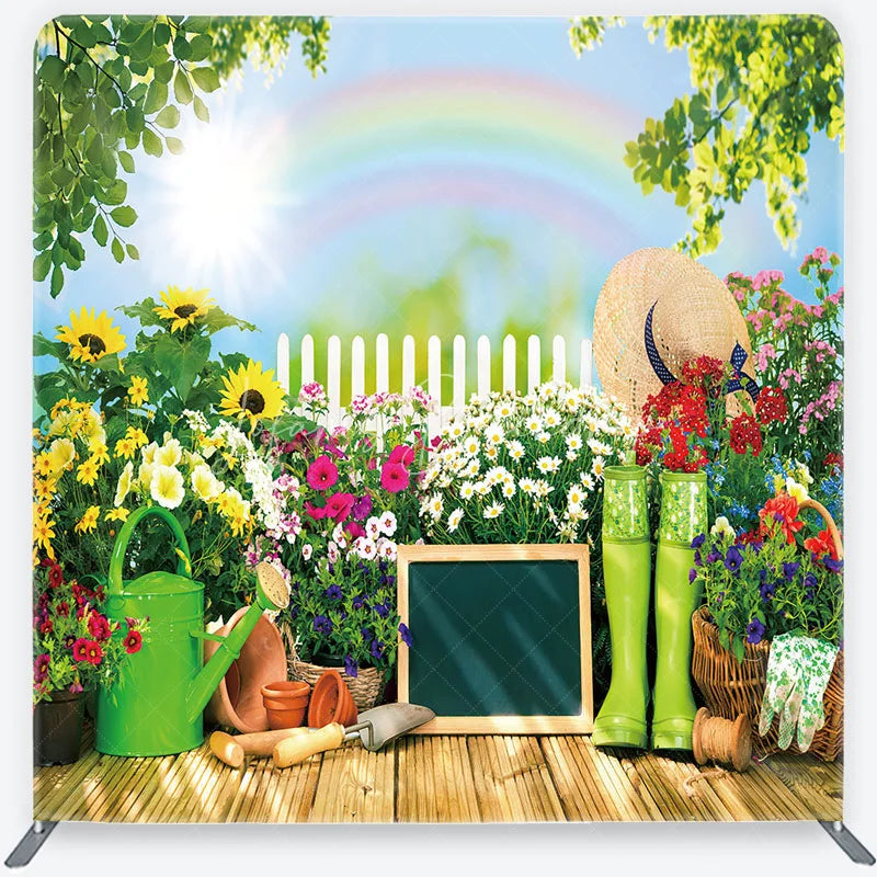 Lofaris Vibrant Spring Garden with Rainbow and Sunflowers Square Double-Sided Backdrop Outdoor Photo Booth Decor