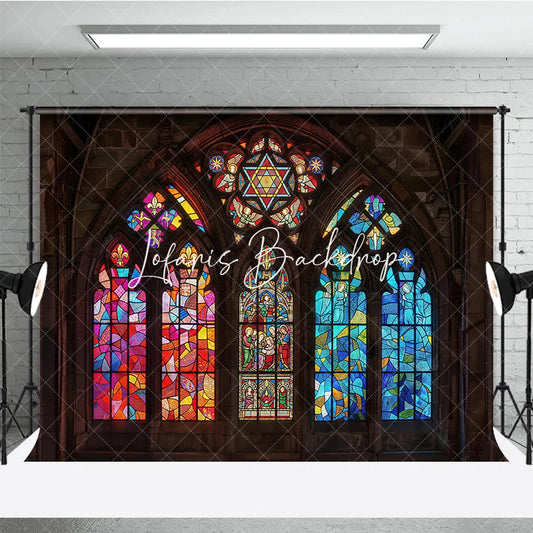 Lofaris Vibrant Stained Glass Window Gothic Arch Photography Backdrop Intricate Religious Art and Colorful Patterns