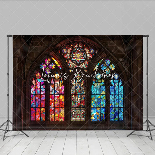 Lofaris Vibrant Stained Glass Window Gothic Arch Photography Backdrop Intricate Religious Art and Colorful Patterns