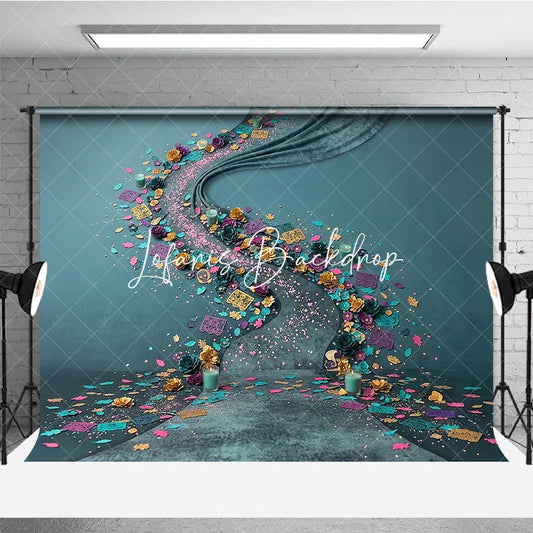 Lofaris Vibrant Teal and Gold Floral Photography Backdrop with Purple Pink Decorative Confetti Festive Celebration Decor