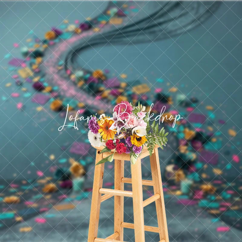 Lofaris Vibrant Teal and Gold Floral Photography Backdrop with Purple Pink Decorative Confetti Festive Celebration Decor