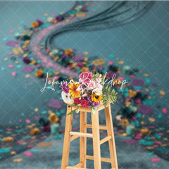 Lofaris Vibrant Teal and Gold Floral Photography Backdrop with Purple Pink Decorative Confetti Festive Celebration Decor