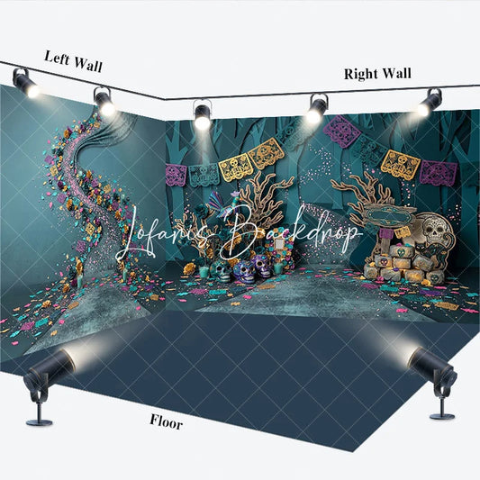 Lofaris Vibrant Teal and Purple Day of the Dead Sugar Skull Room Set Backdrop Festive Halloween Celebration Decor