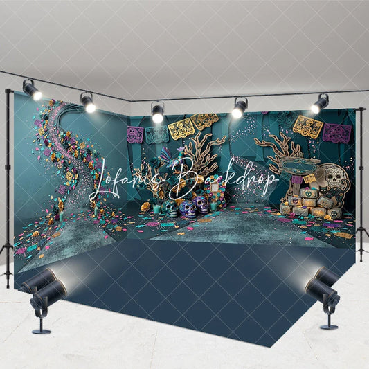 Lofaris Vibrant Teal and Purple Day of the Dead Sugar Skull Room Set Backdrop Festive Halloween Celebration Decor