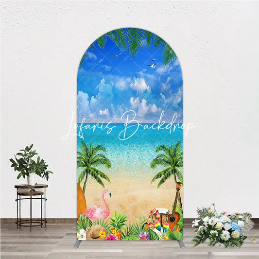 Lofaris Vibrant Tropical Beach Ocean Palm Trees Flamingo Round Top Arch Backdrop Summer Luau Party Decor
