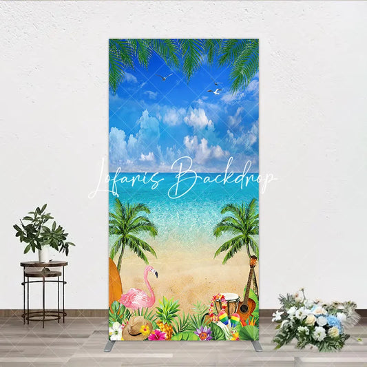 Lofaris Vibrant Tropical Beach Ocean with Palm Trees and Flamingo Rectangle Arch Backdrop Summer Luau Party Decor