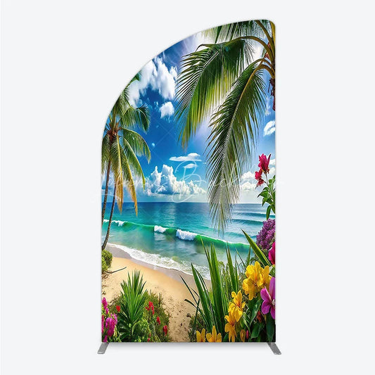 Lofaris Vibrant Tropical Beach Palm Tree Ocean Waves Half Moon Arch Backdrop Summer Paradise Vacation Party Decor