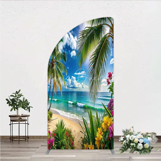 Lofaris Vibrant Tropical Beach Palm Tree Ocean Waves Half Moon Arch Backdrop Summer Paradise Vacation Party Decor