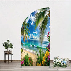 Lofaris Vibrant Tropical Beach Palm Tree Ocean Waves Half Moon Arch Backdrop Summer Paradise Vacation Party Decor