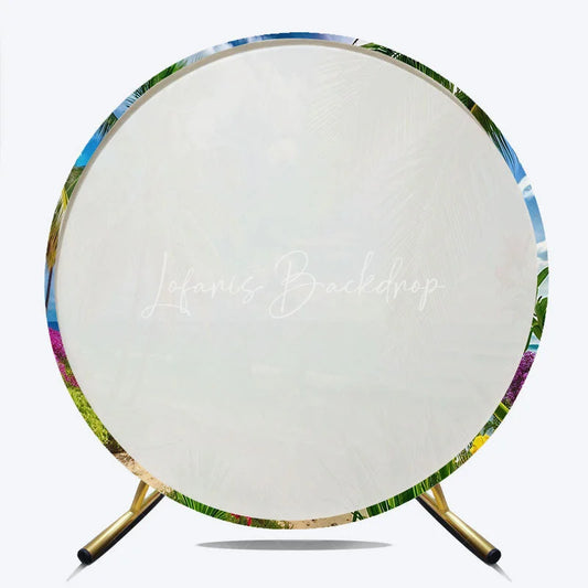 Lofaris Vibrant Tropical Beach Round Backdrop with Palm Trees and Turquoise Ocean Waves Summer Paradise Party Decor