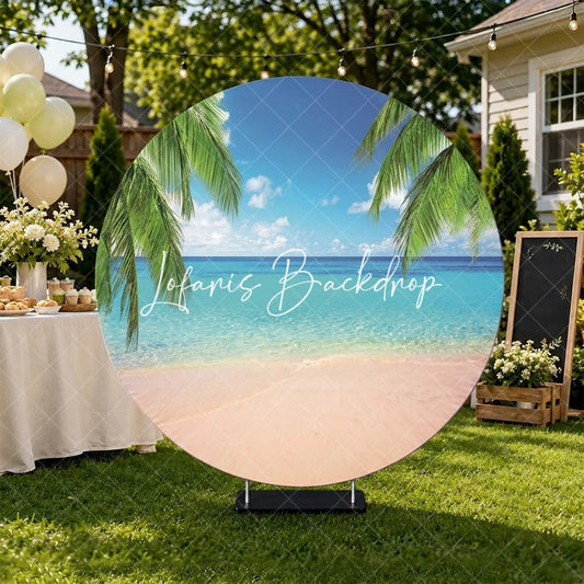 Lofaris Vibrant Tropical Beach Round Backdrop with Turquoise Ocean and Pink Sand Summer Vacation Party Decor