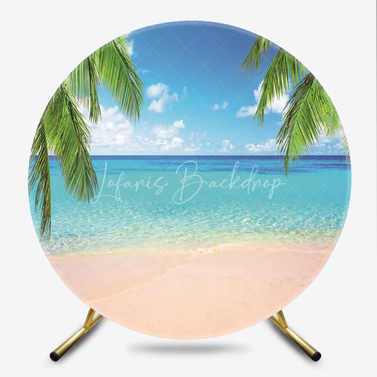 Lofaris Vibrant Tropical Beach Round Backdrop with Turquoise Ocean and Pink Sand Summer Vacation Party Decor