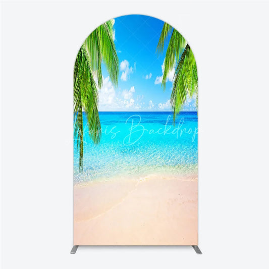 Lofaris Vibrant Tropical Beach with Blue Ocean and Sandy Shore Round Top Arch Backdrop Green Palm Trees Summer Party Decor
